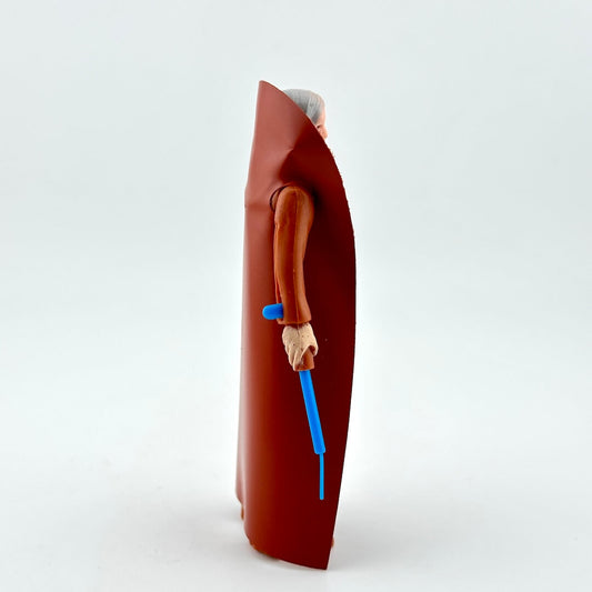 Figurine of a person in a brown coat holding a blue object on a white background