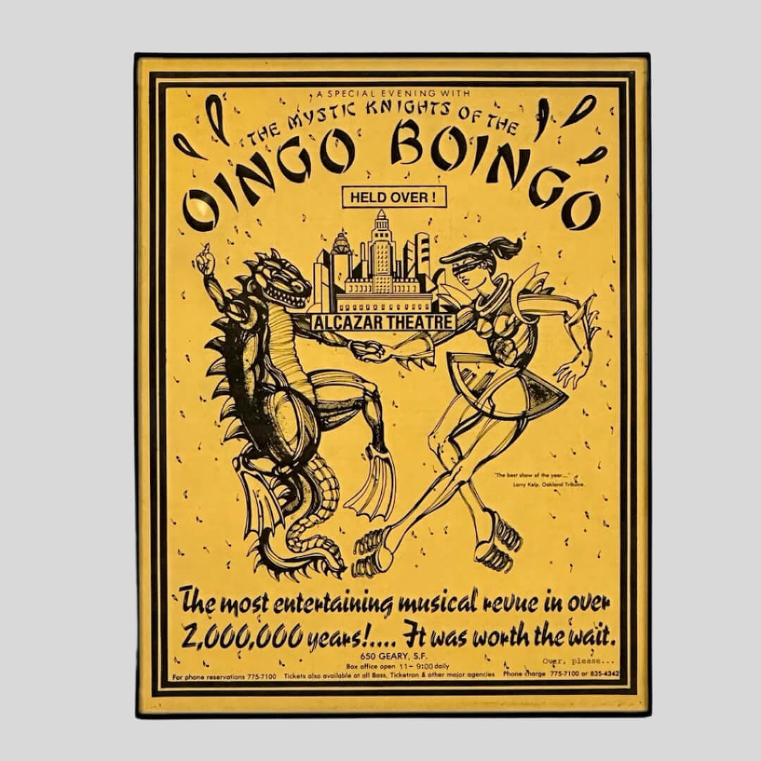 Yellow paper with black print of event info, Alcazar theatre in background of Godzilla and robot woman dancing.