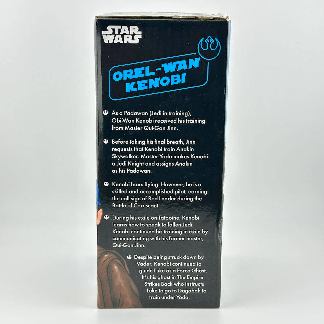 Back of a Star Wars Orel-Wan Kenobi toy box with text and branding.