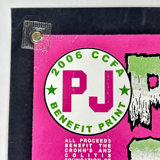 Pink poster with 'PJ' logo and text about a 2006 CCFA benefit print for Crohn's and Colitis Foundation.