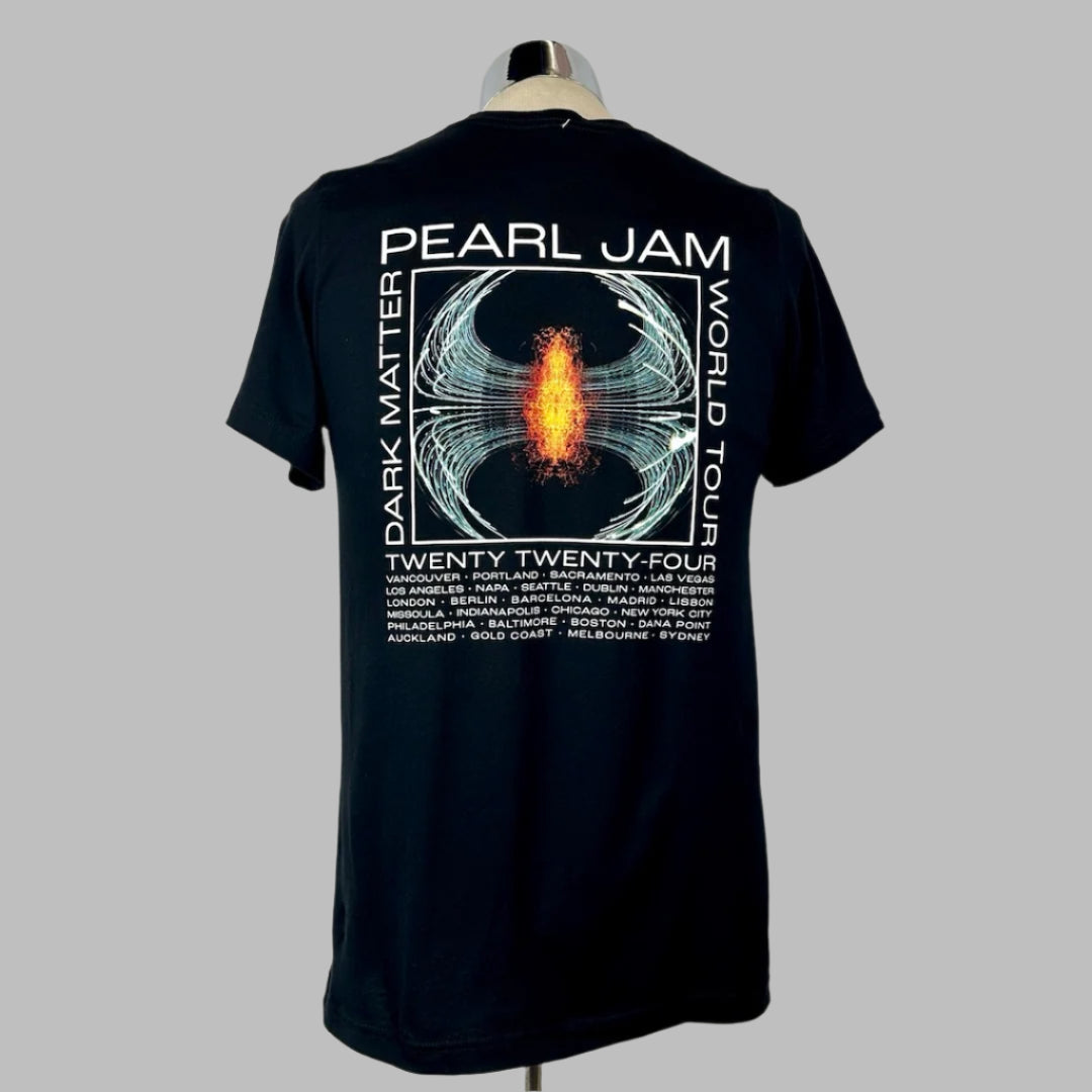 Black short sleeve tee with Dark Matter World Tour art in center with tour stops below in white text.