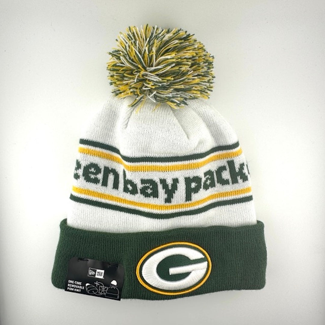 White knit cap with green/yellow stripes around green team name, Packer logo in center of green cuff & green/yellow/white pom