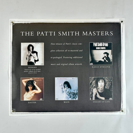 Promotional poster for Patti Smith's music collection featuring album covers and text.