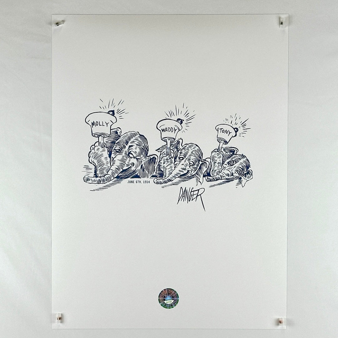White poster back with drawing of 3 elephants holding hats.
