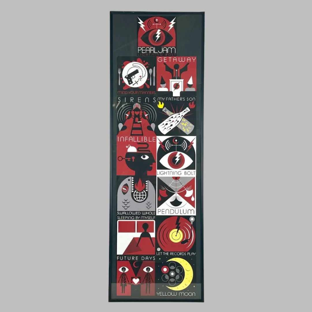 Framed set of 13 square cards featuring simplistic graphics in red, black, white, & yellow related to Lightning Bolt album.