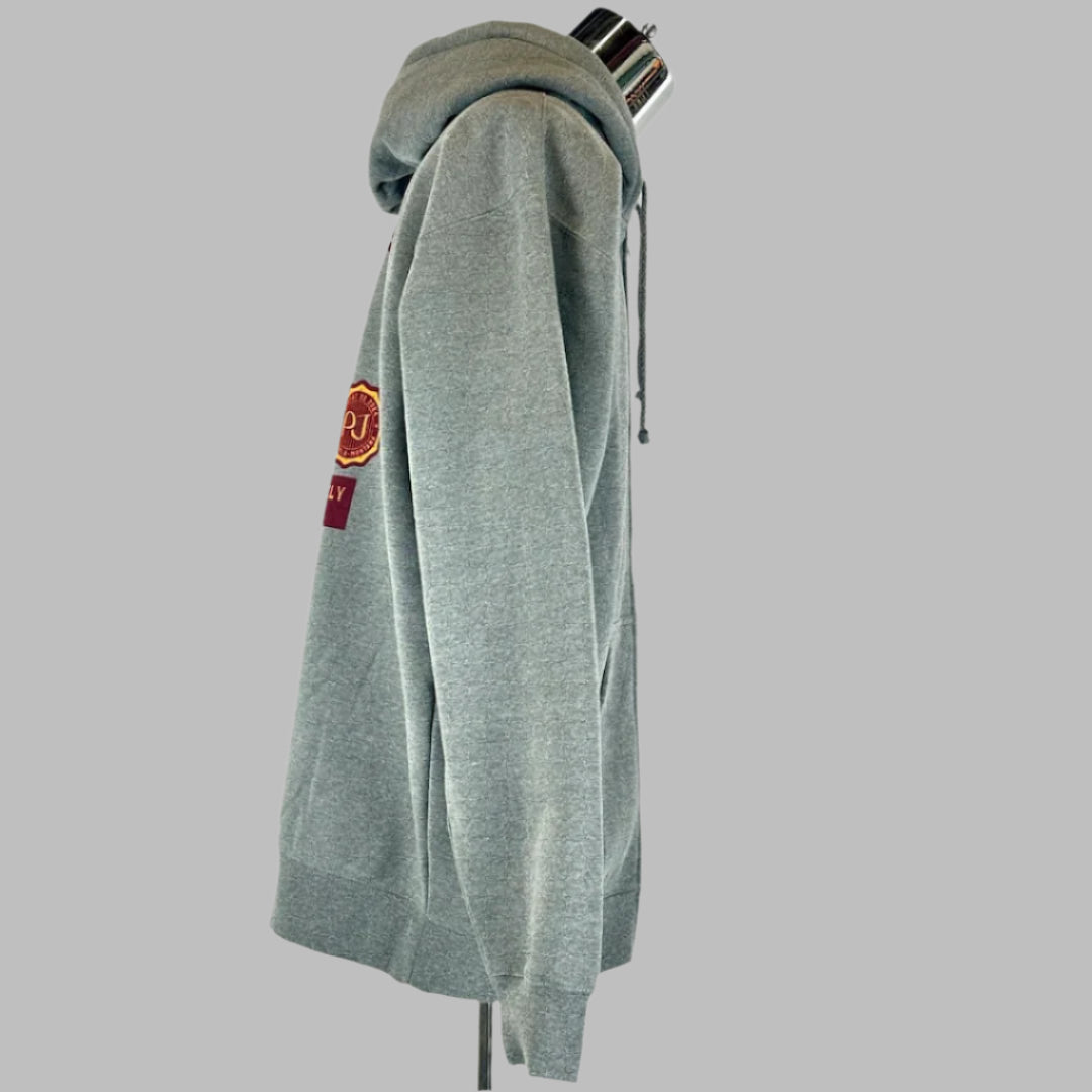 Side view of heathered grey hooded sweatshirt showing no stains or wear. Brand new.