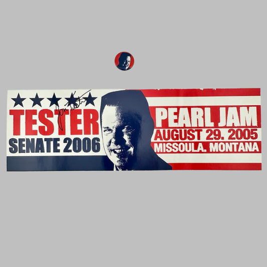 Red, white & blue rectangular sticker with John Tester face in front of USA Flag, next to Pearl Jam show date.