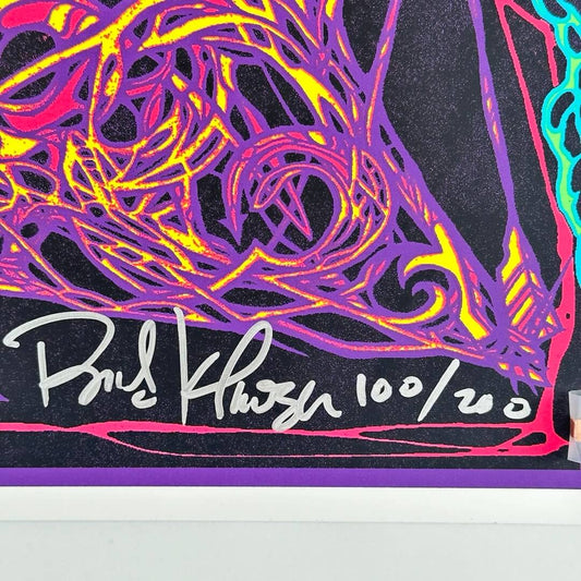 Close up of artist signature & poster number (#100/200) in silver marker.