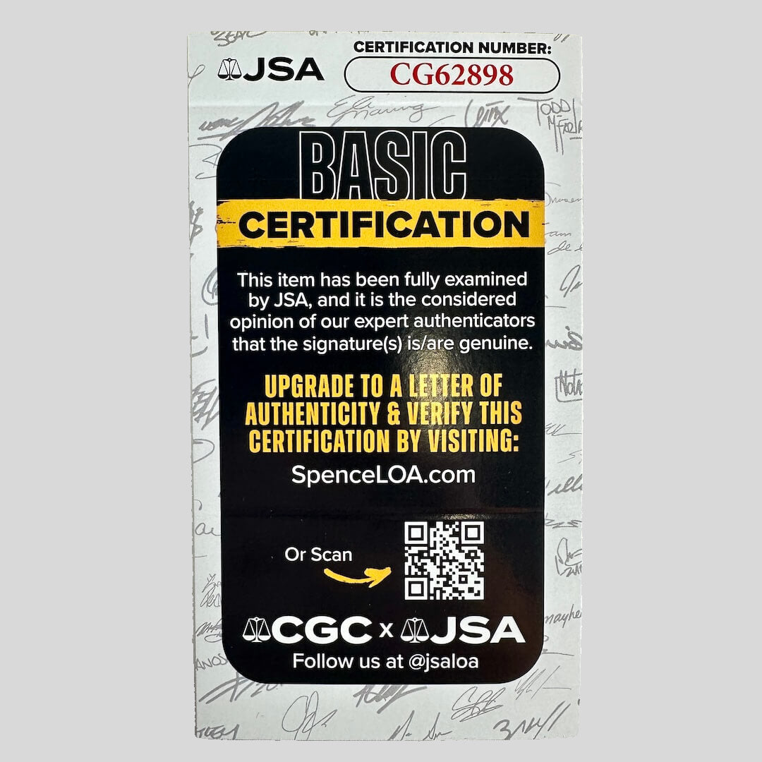 JSA certification card with QR code on a gray background