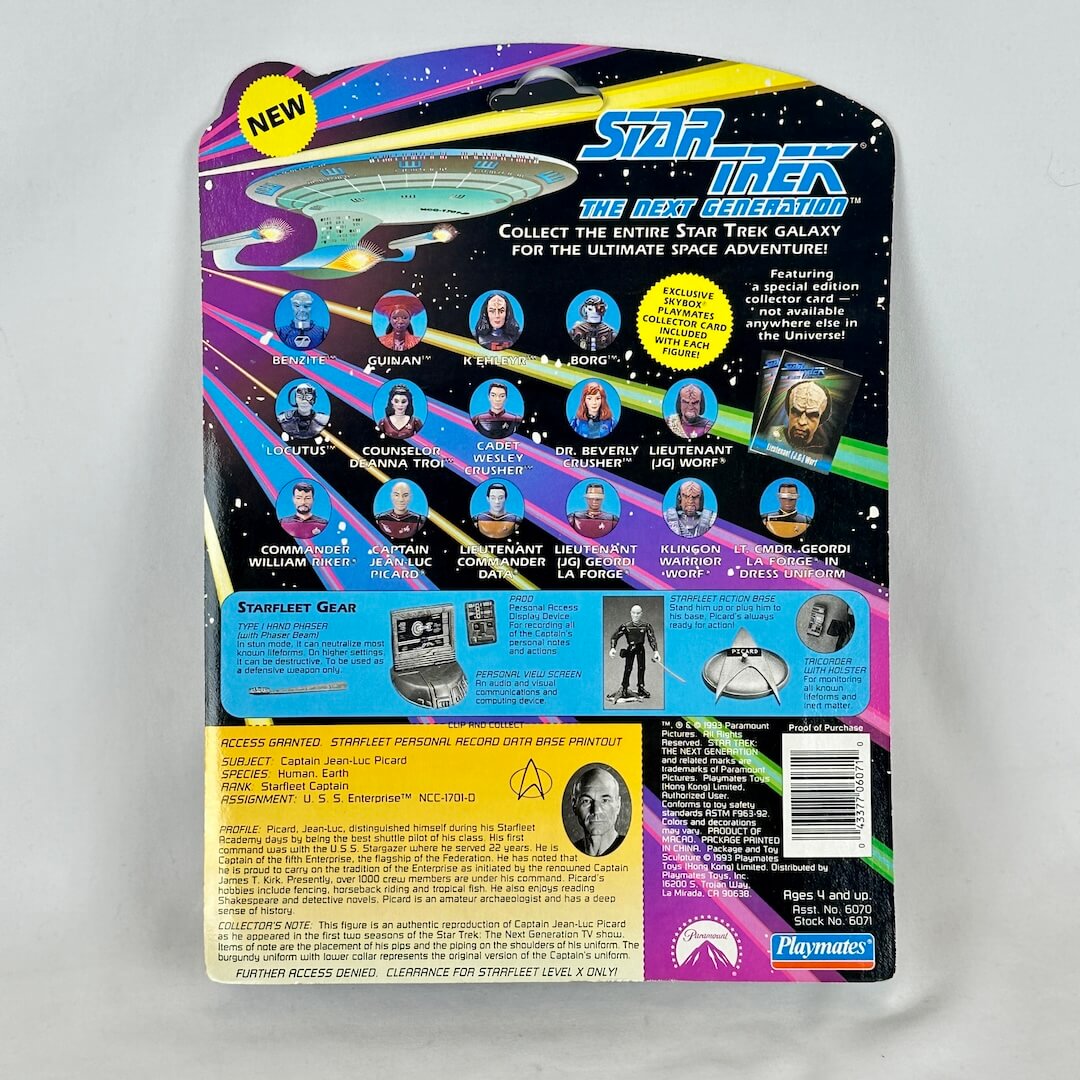 Star Trek action figure packaging with character illustrations and promotional text.