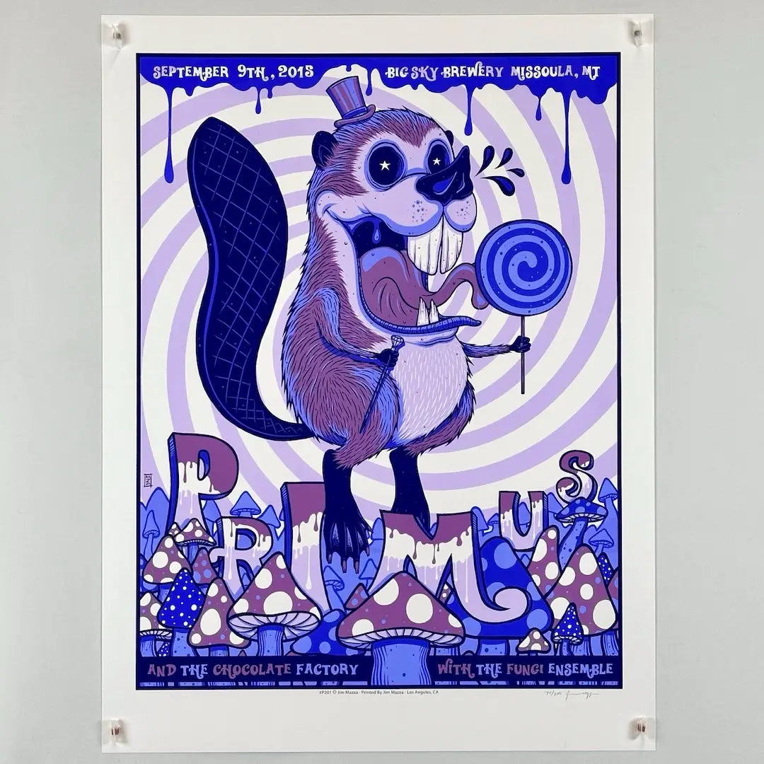 Psychedelic beaver with lollipop over field of mushrooms with Primus coming out of it. All graphics done in purple/blue variants.