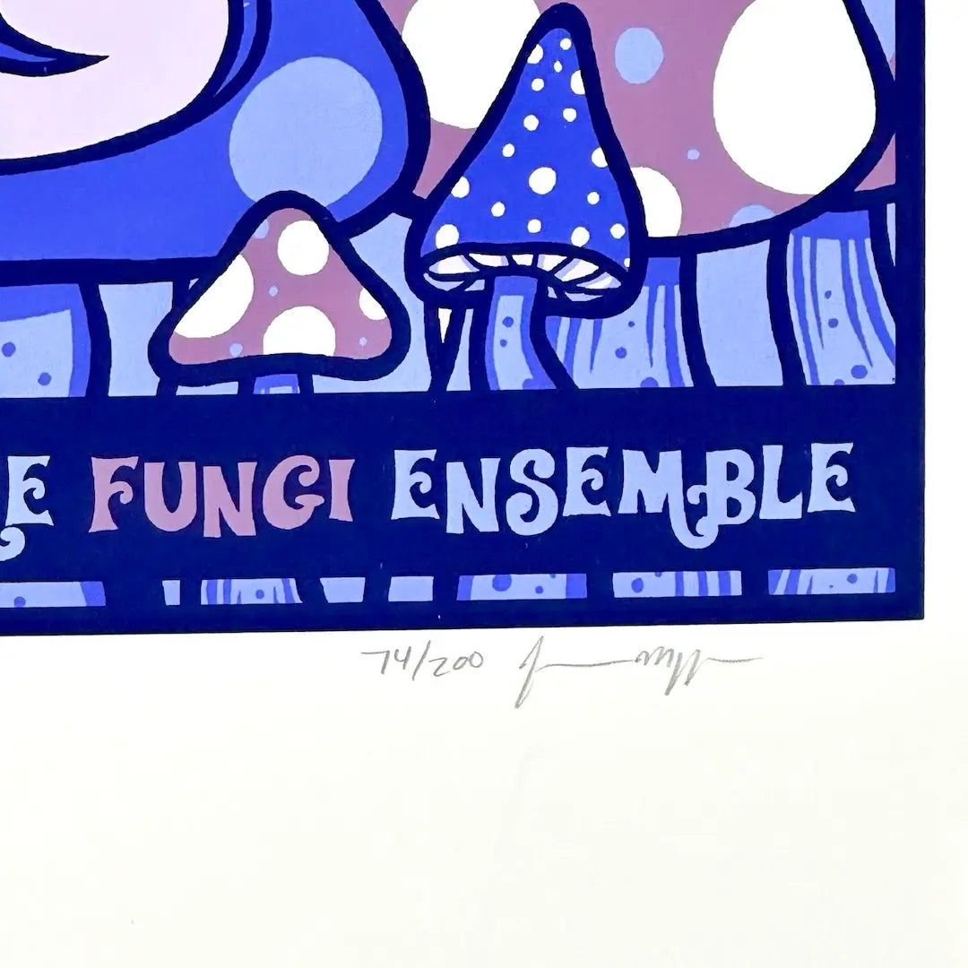 Close up of artist signature & poster number in pencil at bottom right corner of poster. "Fungi Ensemble" visible.