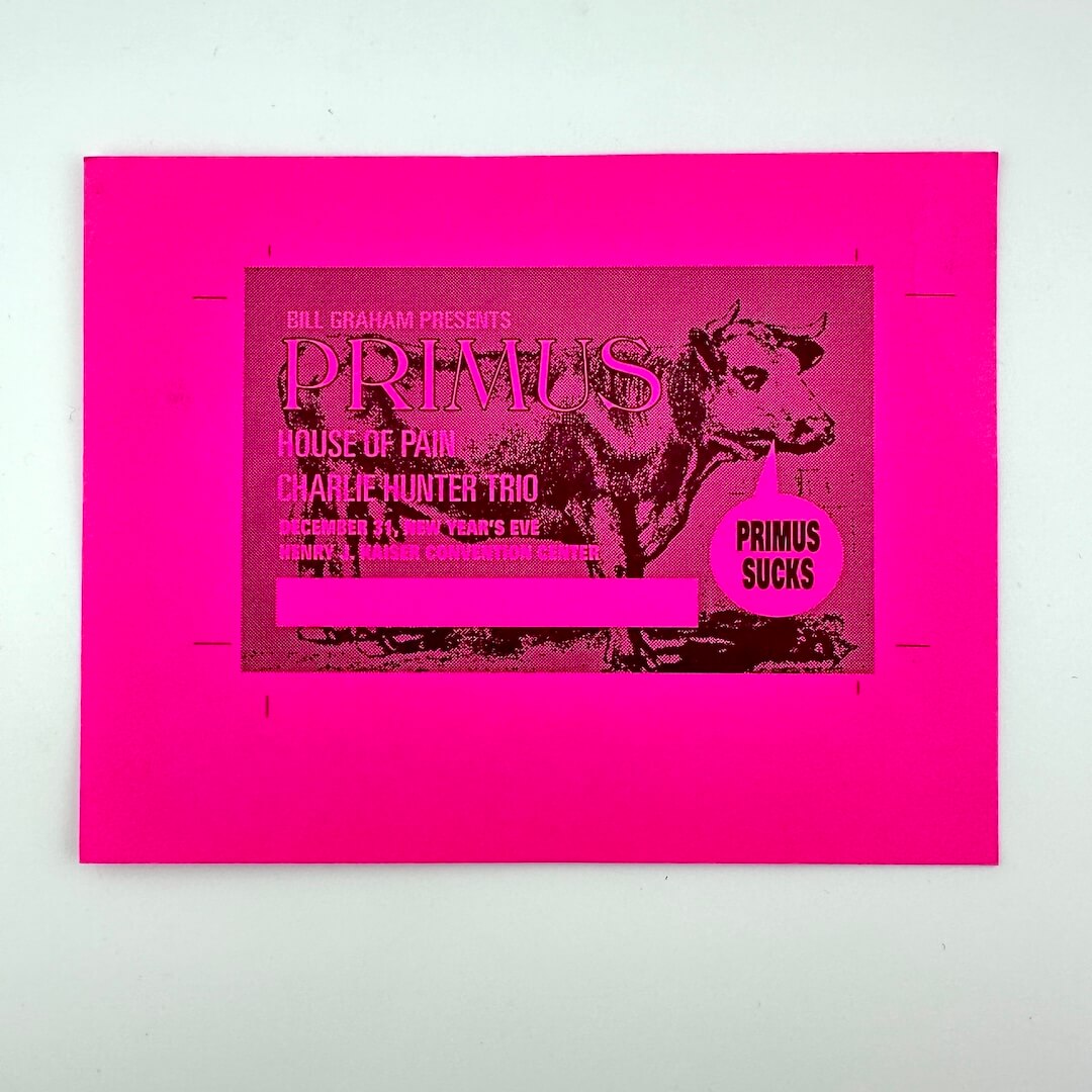 Pink event ticket with cow illustration behind event info text.