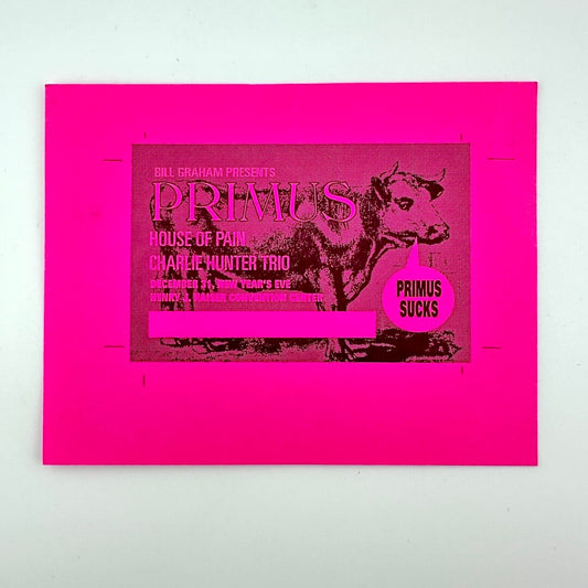 Pink event ticket with cow illustration behind event info text.