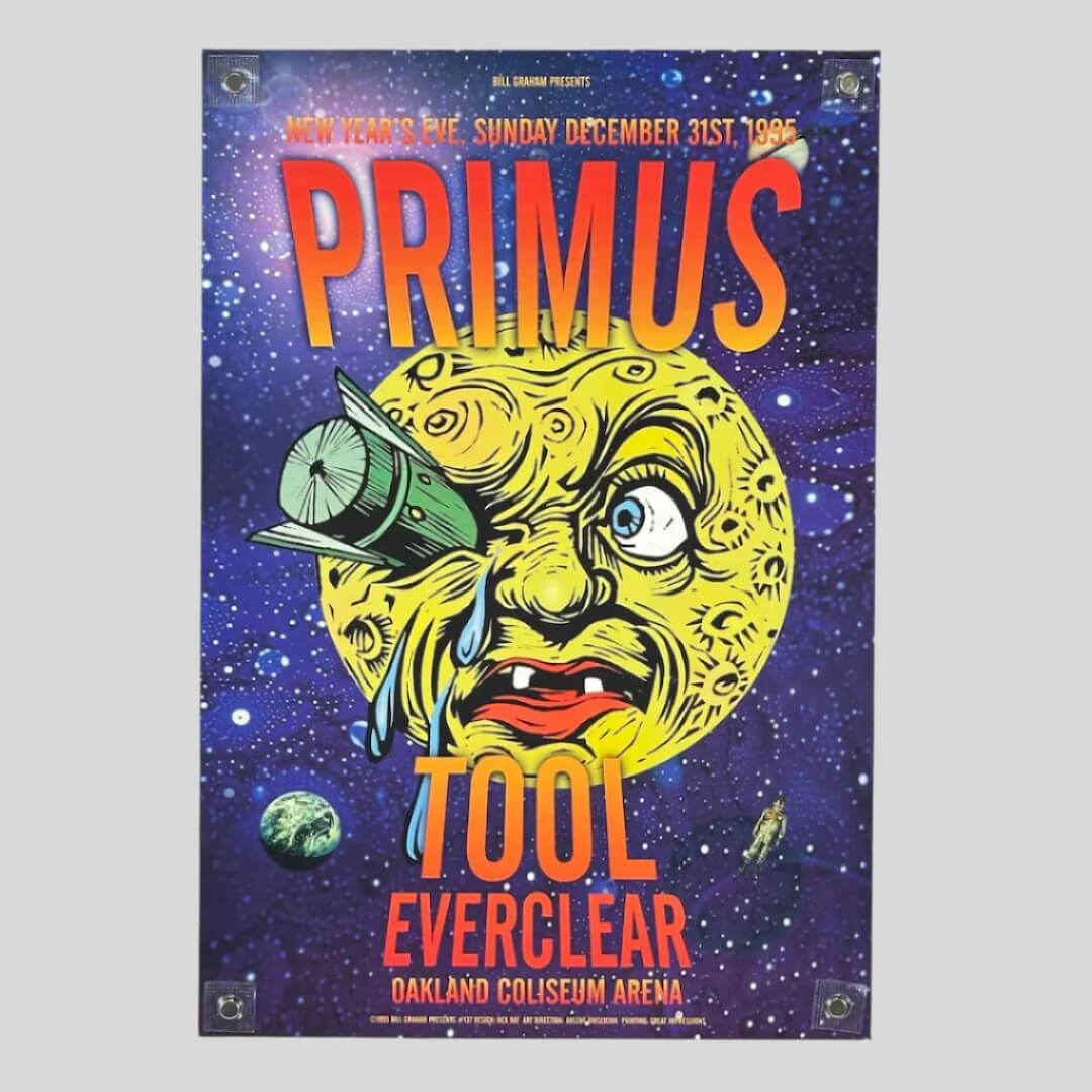Space scene with cartoon style moon with rocket crashed into one eye. Event info at top, venue info along bottom in orange/red