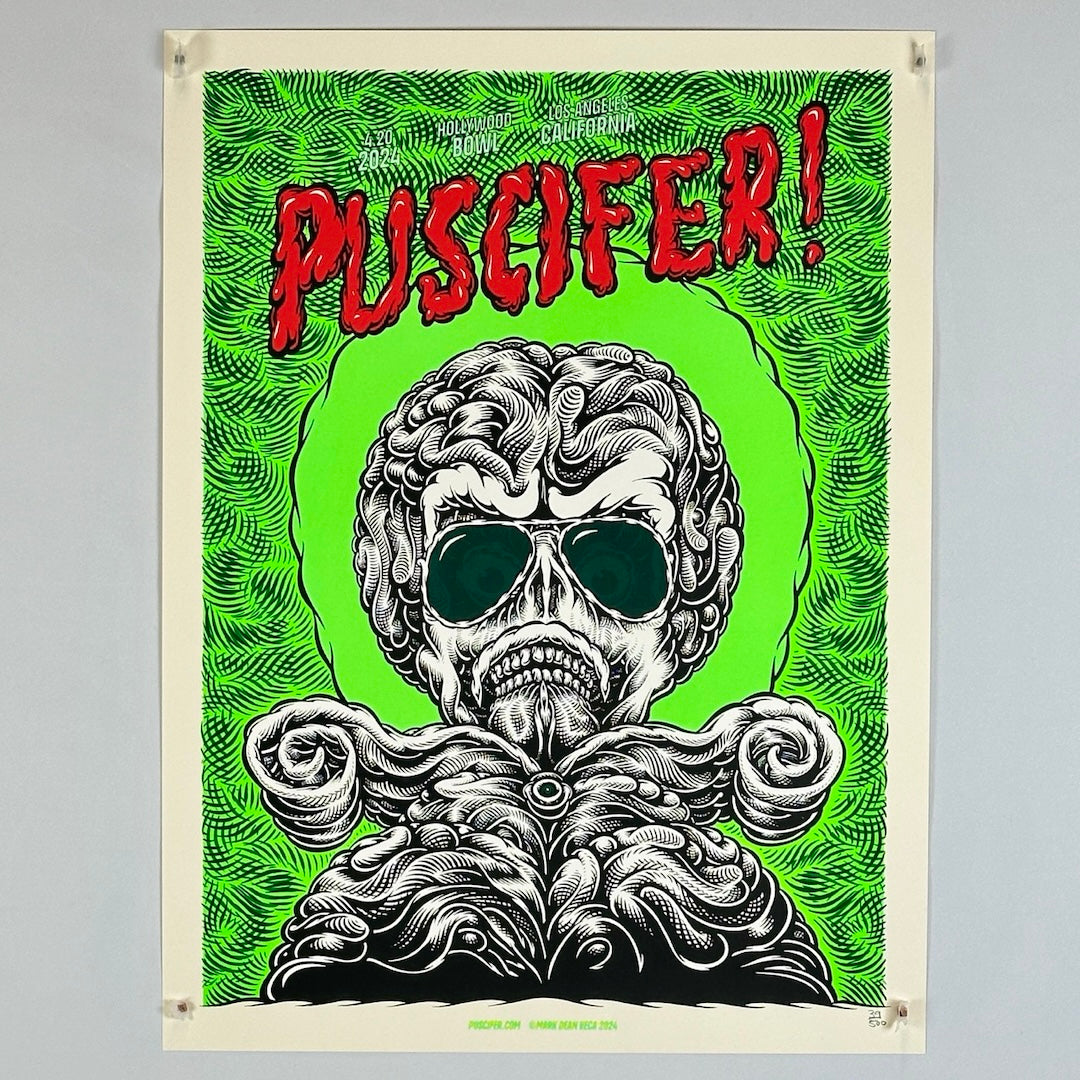 Lime green background, red "Puscifer" stylized heading above black & white rendering of alien from Mars Attacks! movie.