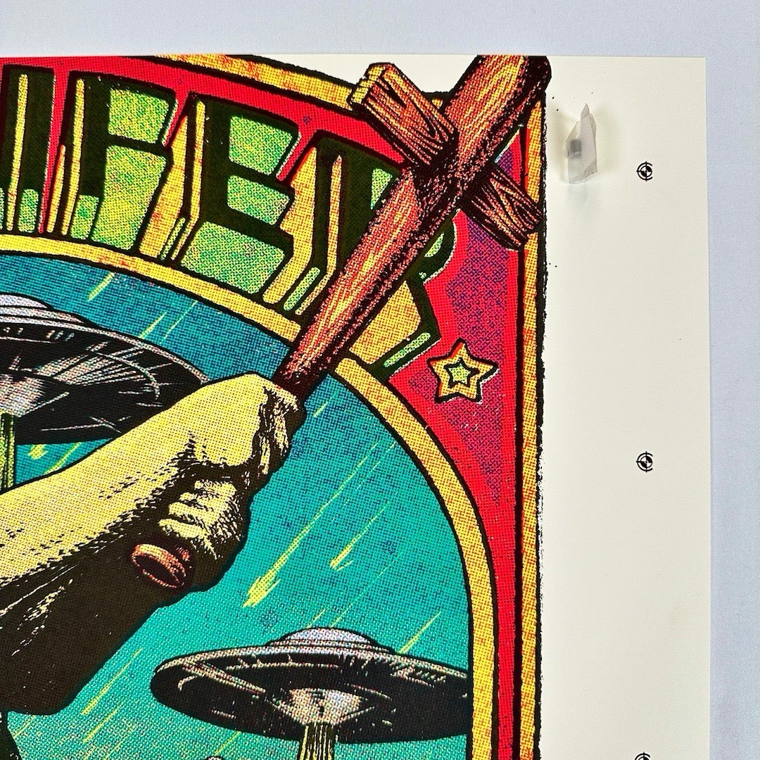 Top banner reads PUSCIFER in capital letters with Jesus' cross-shaped bat overlapping the top right corner