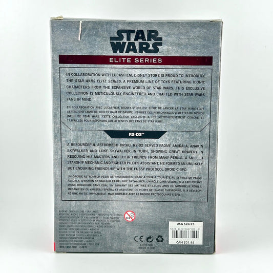The back of a Star Wars Elite Series R2-D2 collectible figure box, showing product details, & shipping information.
