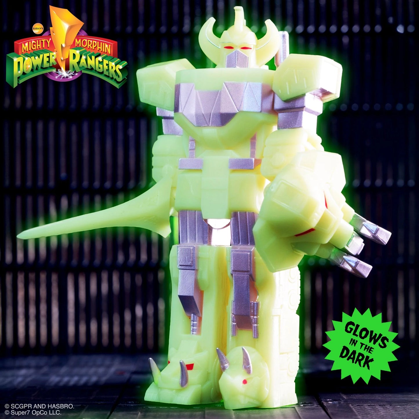 Action shot of robot with all accessories by Power Rangers Logo & Glow in the Dark blurb.