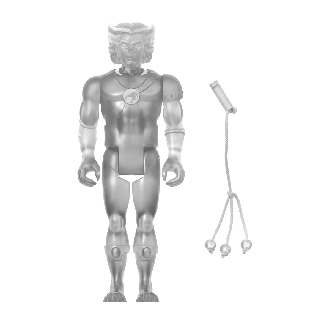 Clear action figure of male with hair that gives the appears of cat ears, comes with whip that has three ends.
