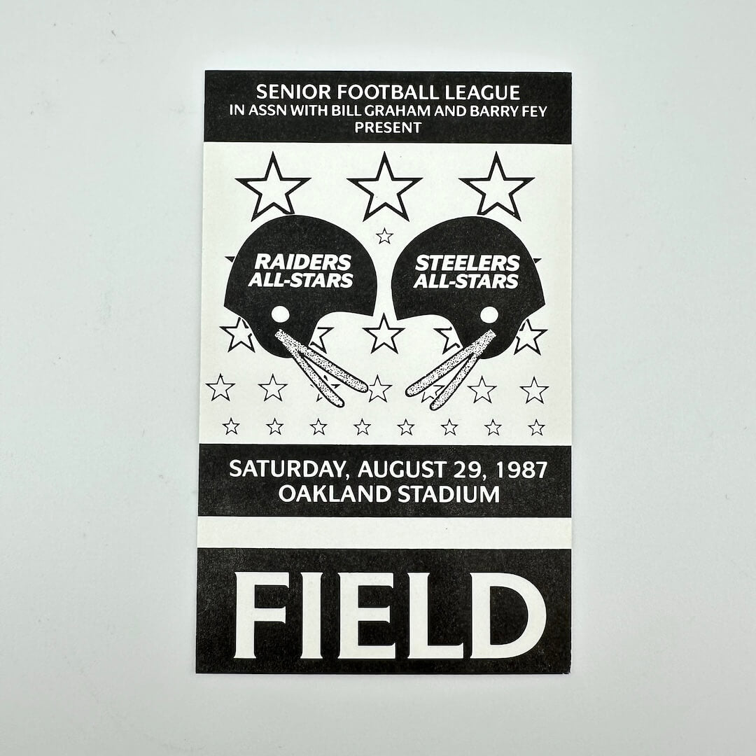 Vintage event ticket for a senior football league event featuring 'Raiders All-Stars' and 'Steelers All-Stars'.