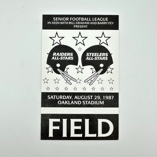 Vintage event ticket for a senior football league event featuring 'Raiders All-Stars' and 'Steelers All-Stars'.