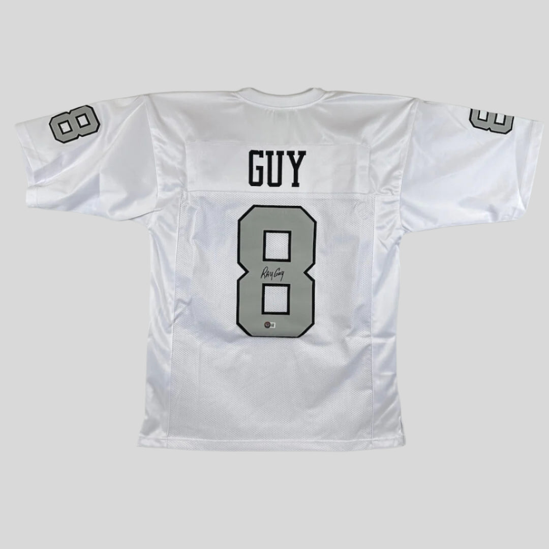 White sports jersey with 'GUY' and number '8' on a white background