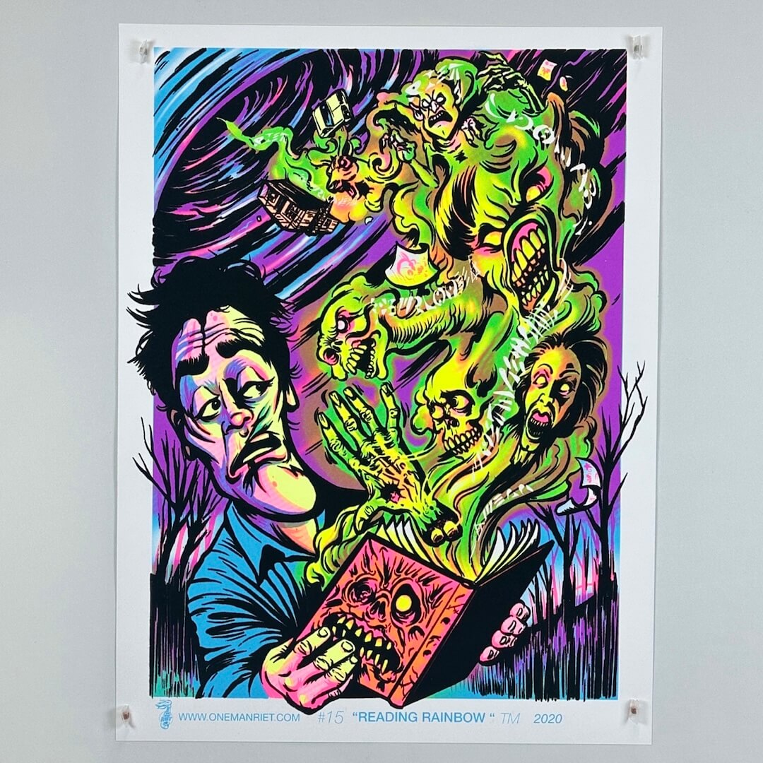 Colorful poster with a character holding a book and a green monster on a gray background