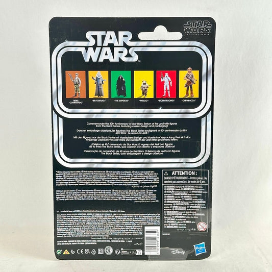 Back of a Star Wars action figure blister card package, showing the printed character lineup, & product description.