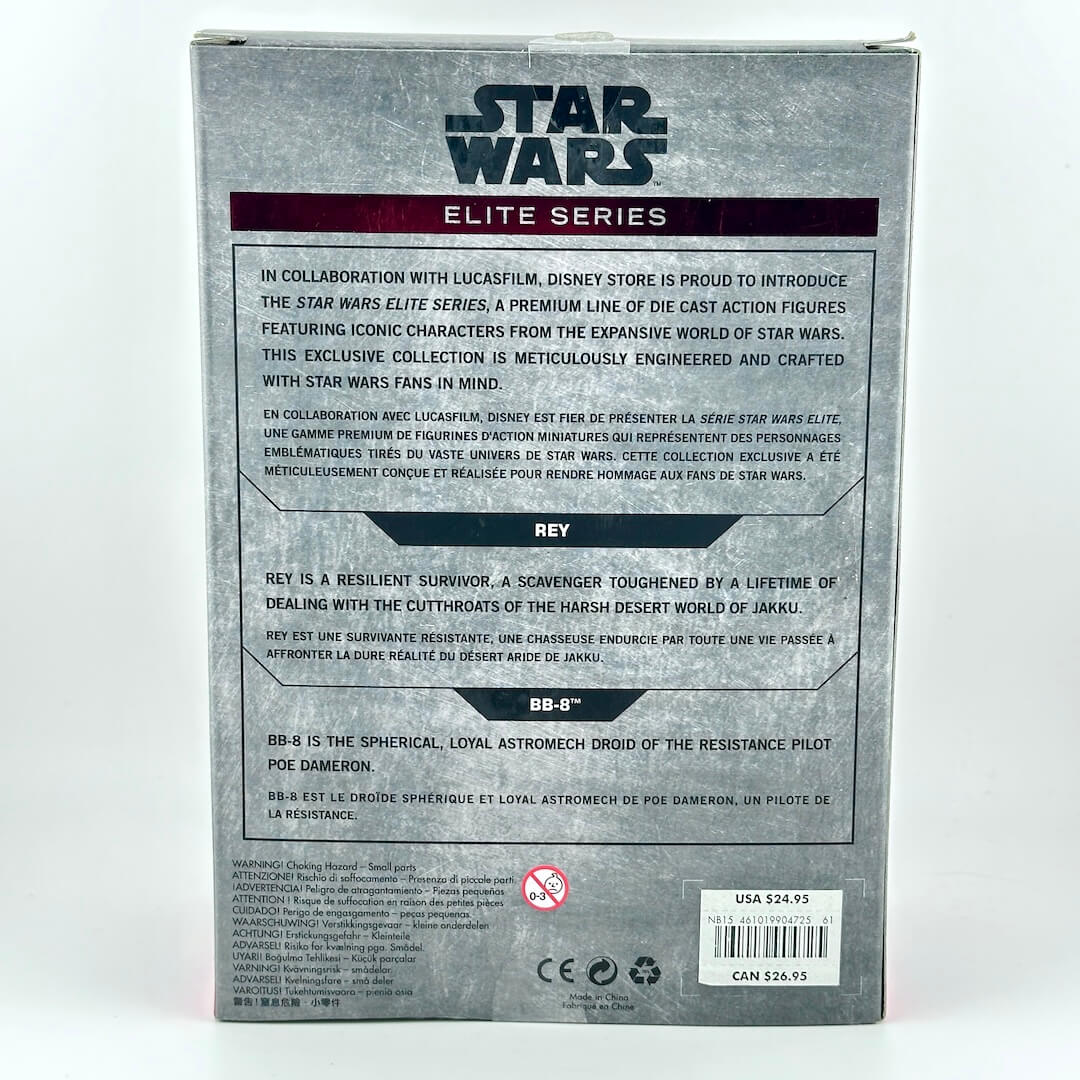 The back of a Star Wars Elite Series collectible figure box, featuring product details for BB-8 in French and English.
