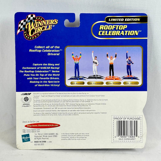 Back of a toy packaging for 'Winners Circle' Rooftop Celebration with figures and text.