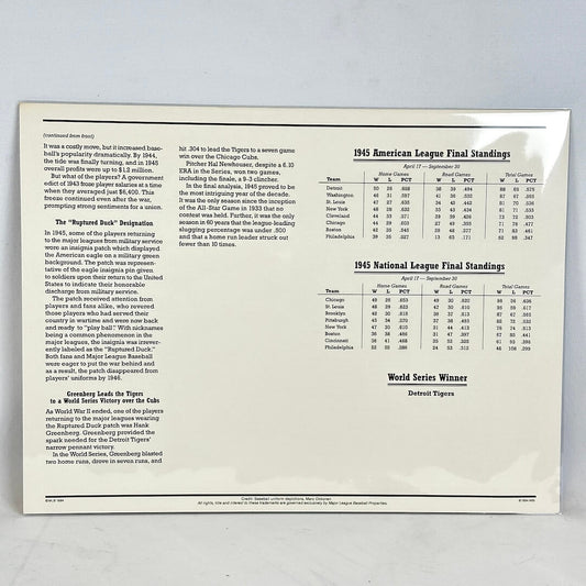 Printed document with 1945 American League and National League Final Standings on a white background