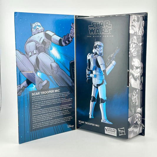 Star Wars The Black Series Scar Trooper Mic collectible figure shown in its open display packaging.