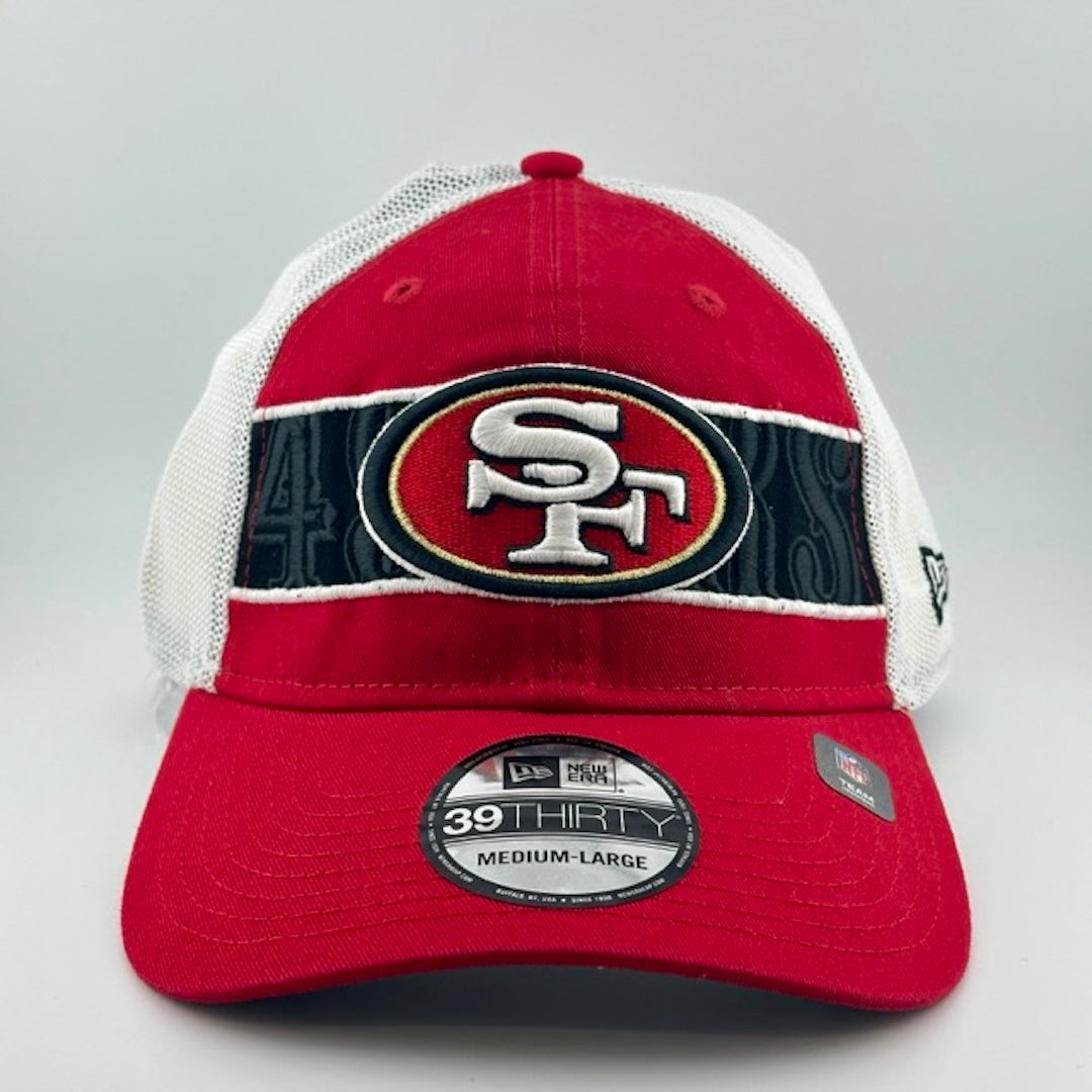 Baseball cap with white plastic mesh back, red brim & face with black band & SF logo in center over black embroidered team name