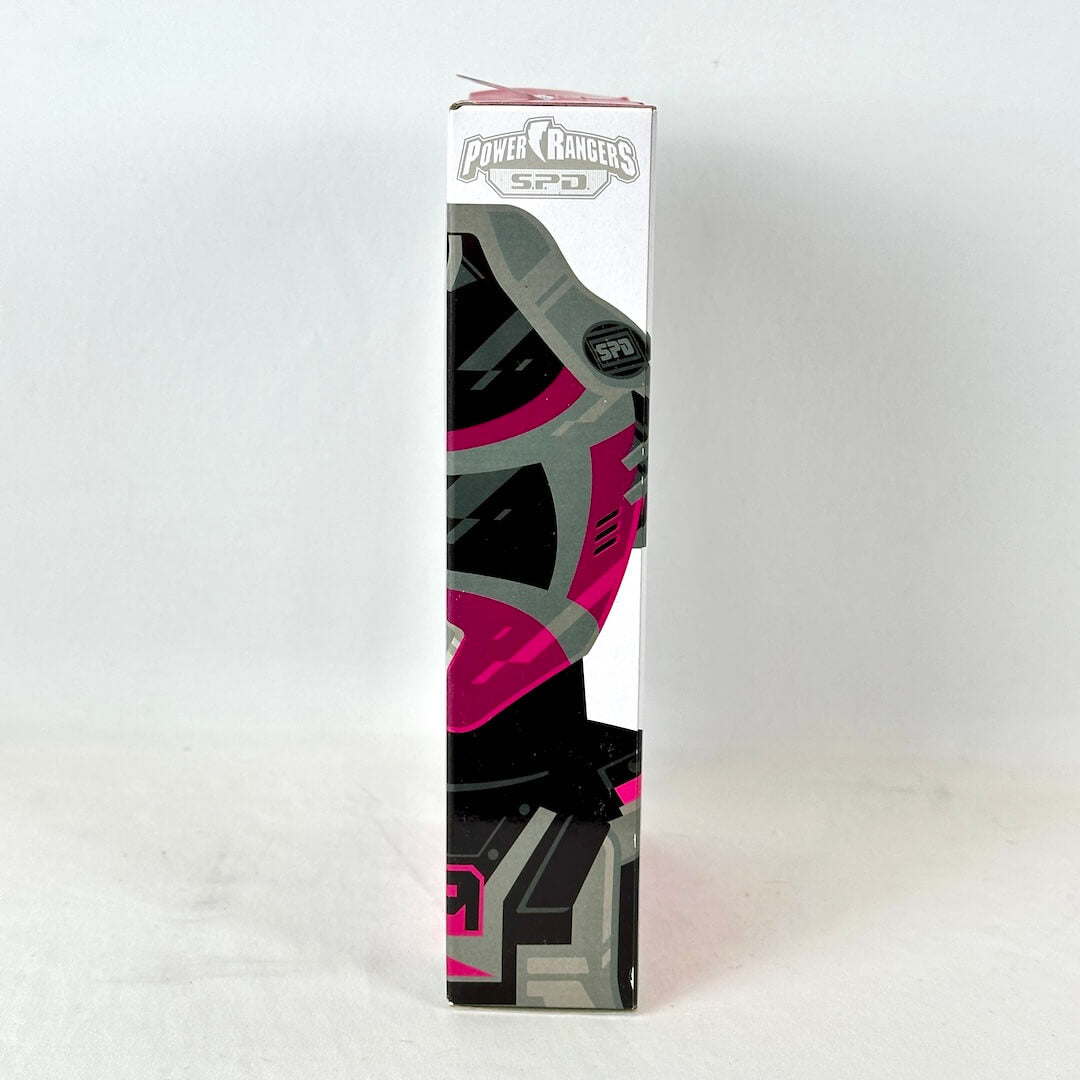 Side view of packaging with illustration of Pink Ranger below Power Rangers logo.