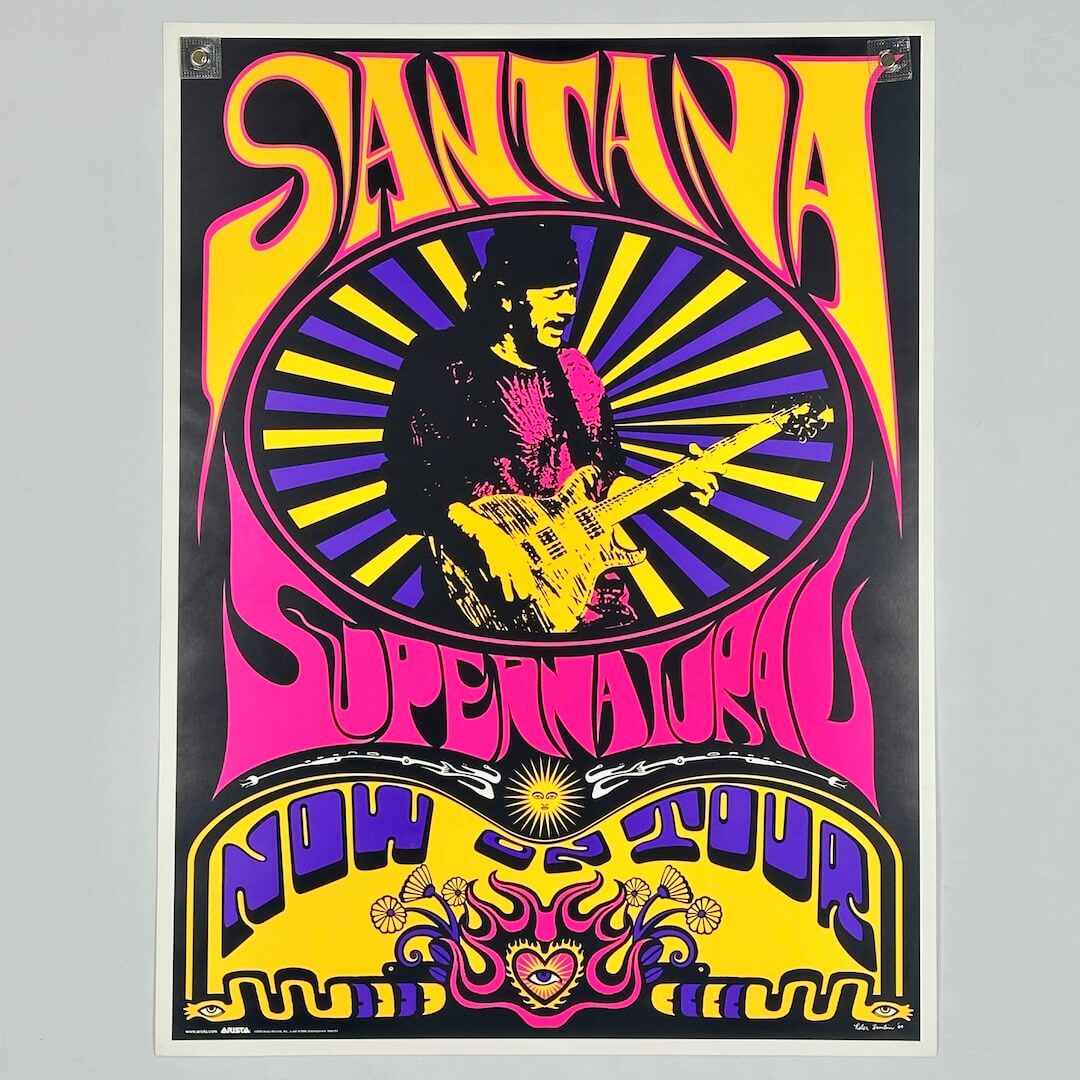 Santana Supernatural poster with colorful design and text on a gray background