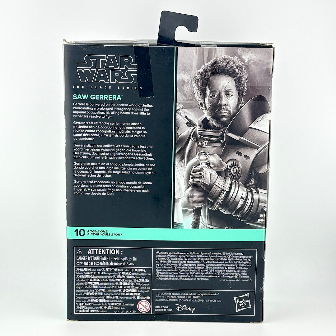 Star Wars The Black Series Saw Gerrera action figure back box, featuring character artwork and product details.