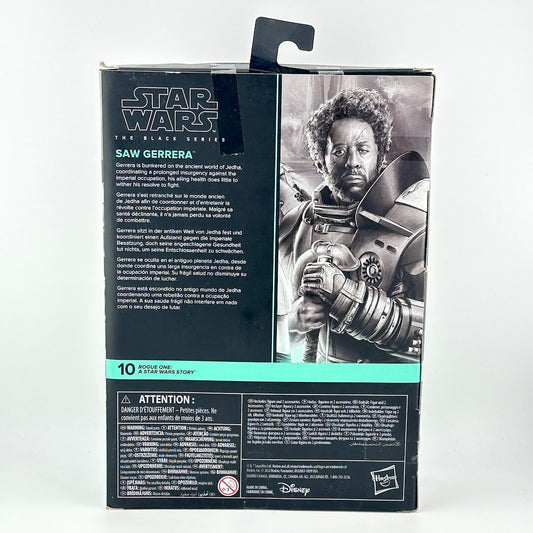 Star Wars The Black Series Saw Gerrera action figure back box, featuring character artwork and product details.