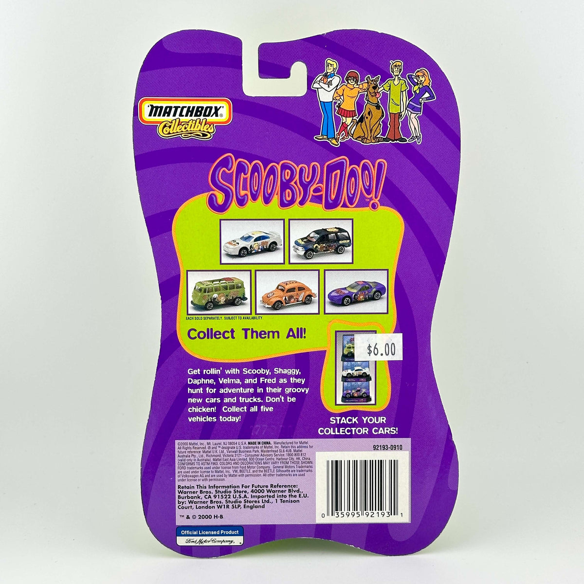 Matchbox Racing collectible toy vehicle card in its original purple blister packaging, featuring Scooby-Doo themed graphics.