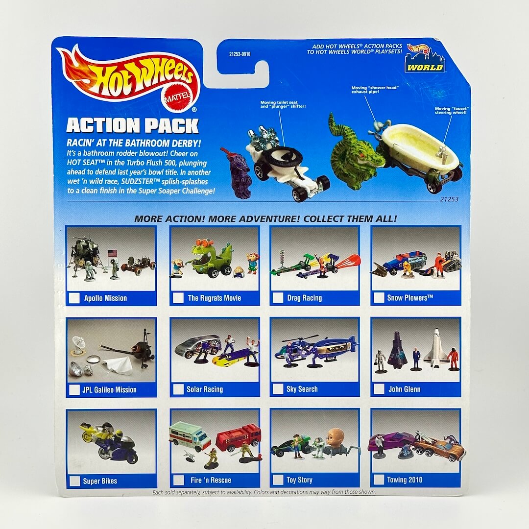 Hot Wheels Action Pack toy set in its original blue cardboard blister packaging, featuring mini vehicles and figures.