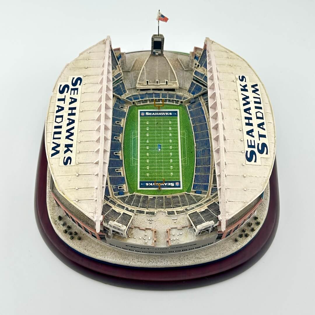 Model of Seahawks Stadium with 'Seahawks' branding on a white background