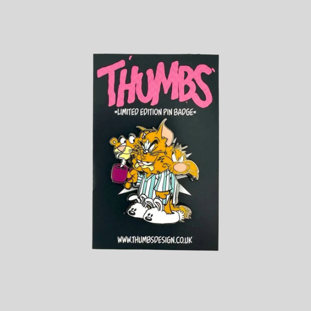 Garfield Cat in his striped pajamas & bunny slippers with heads of 3 other cartoon cats: Sylvester, Tom, & Pink Panther.