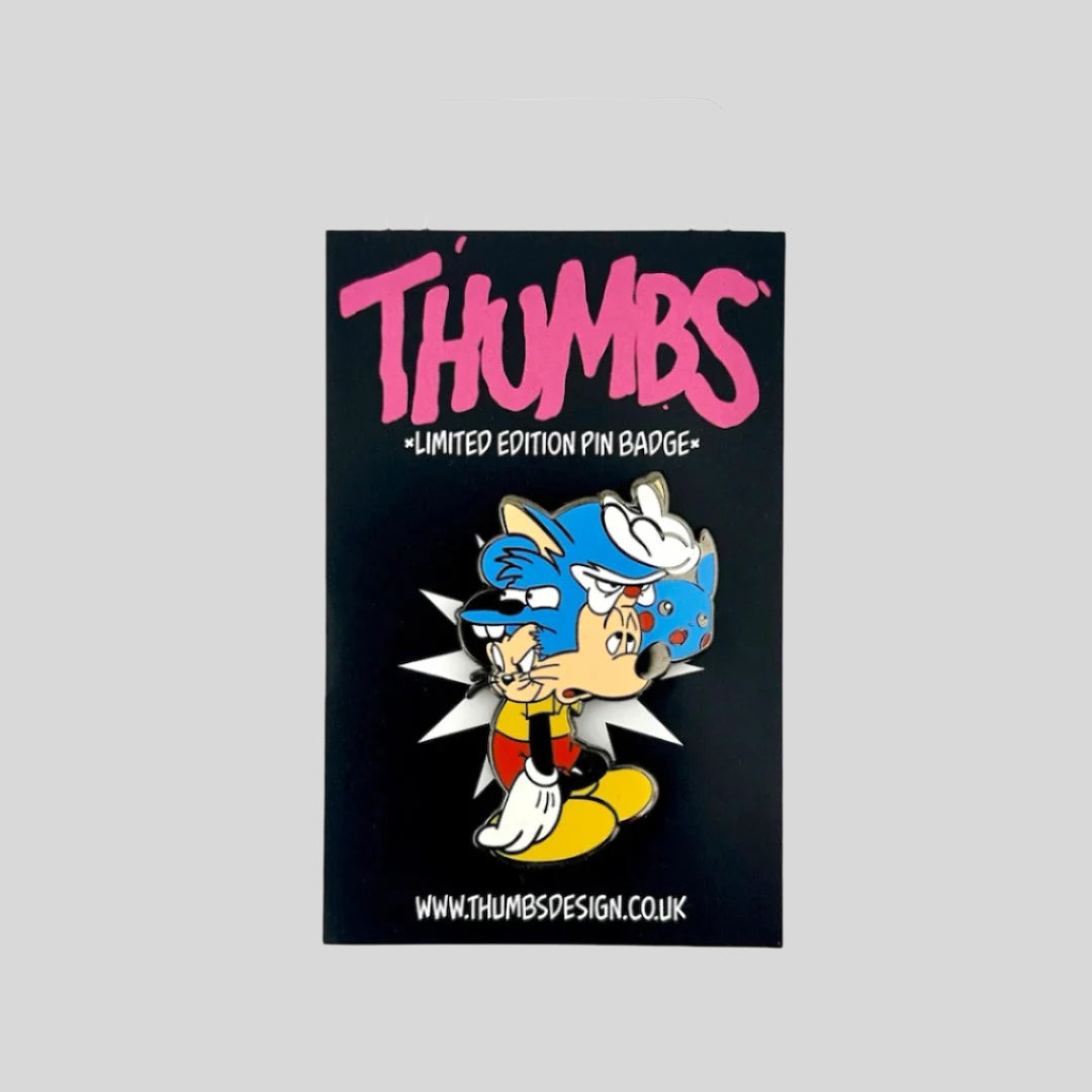 Tired Mickey Mouse figure with four other mouse character heads attached: Pikachu, Brain, Scratchy, & Jerry.