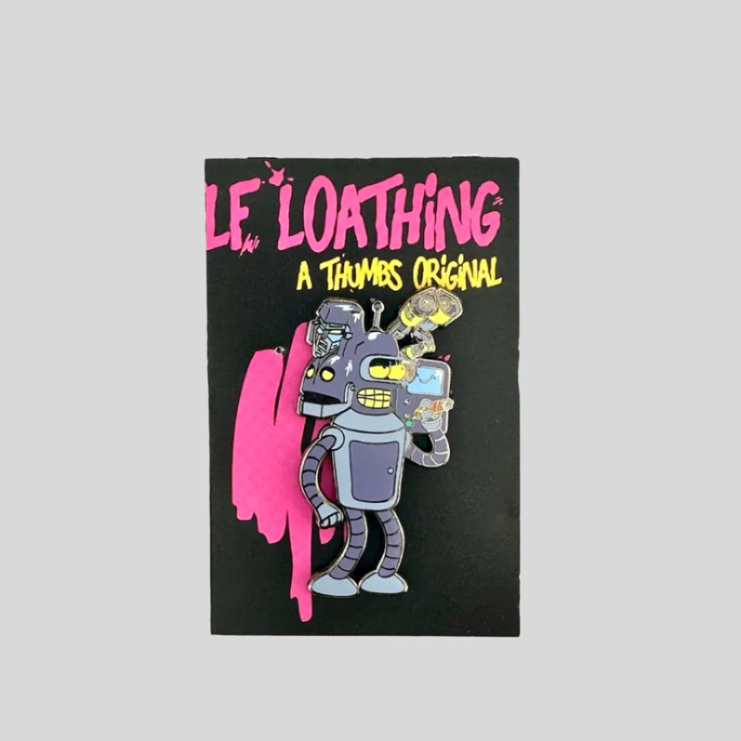 Bender from Futurama smoking cigar with four other cartoon robot character heads: Iron Giant, Wall-E, & 2 others.