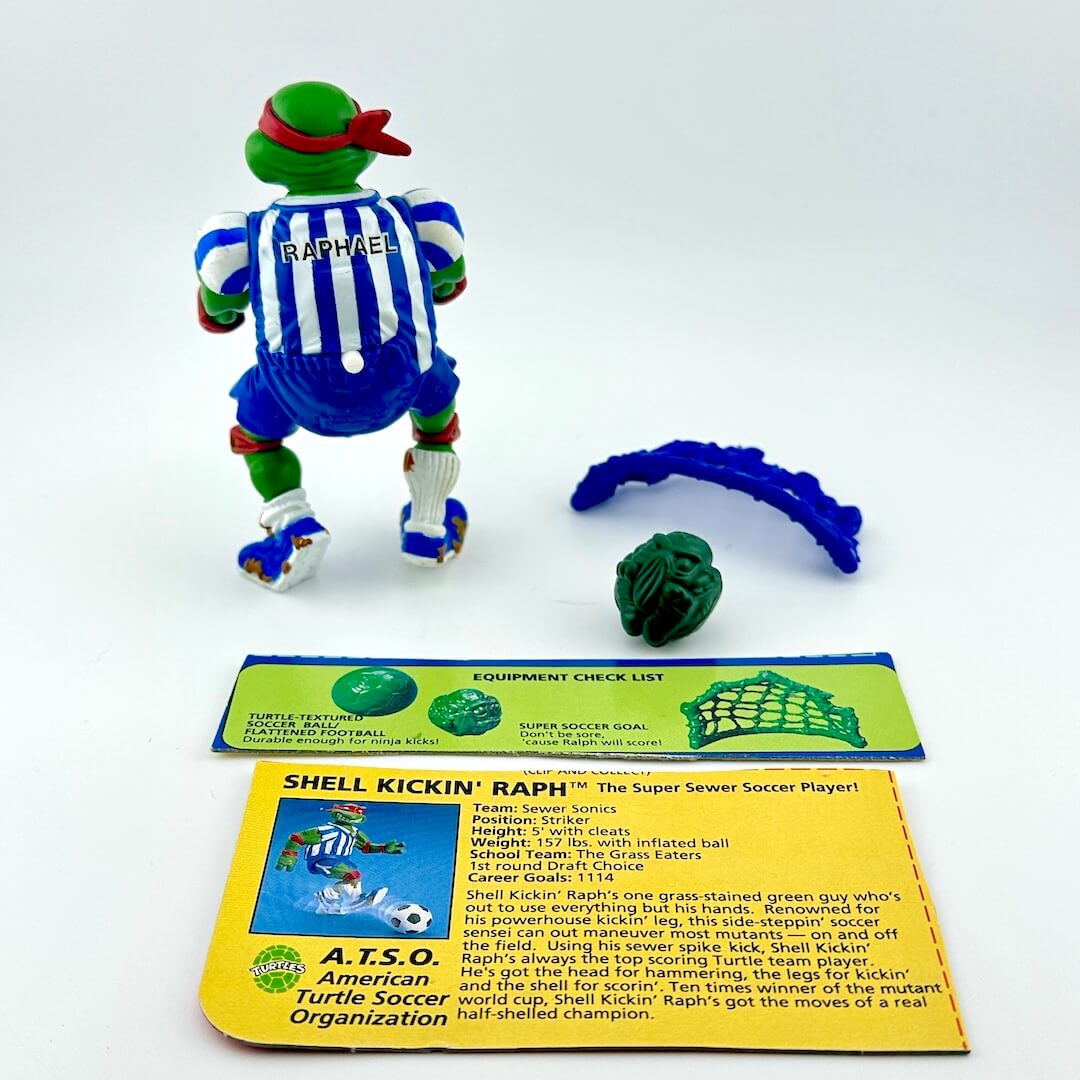 TMNT action figure with accessories and character card against white background.