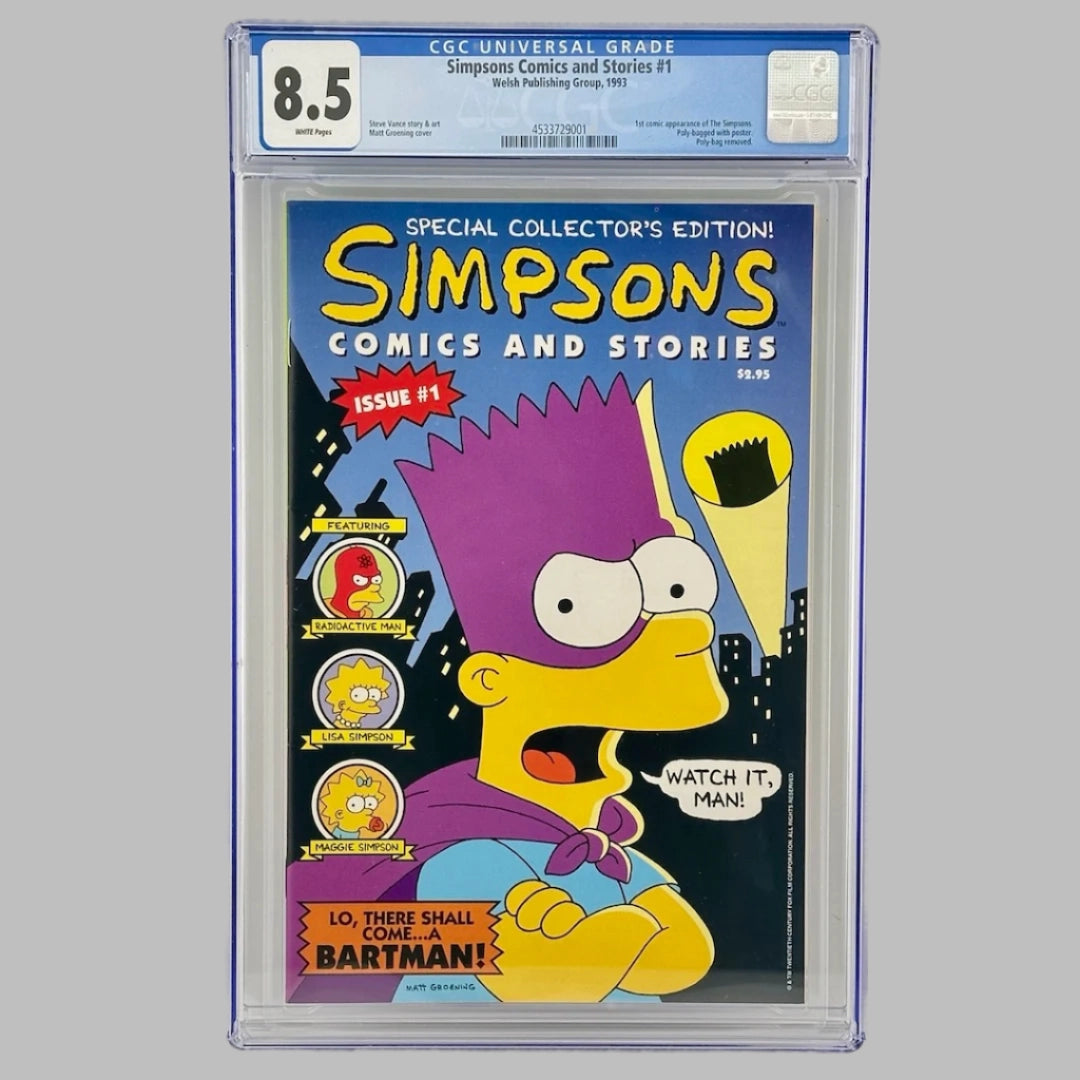Plastic encased comic book with Bartman, Bart Simpson's hero ego, on cover. Issue #1. CGC Graded 8.5.