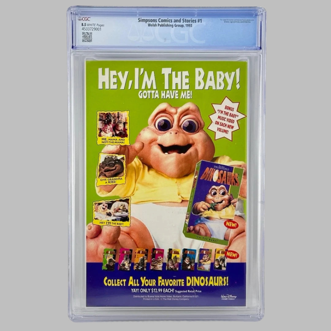 Back of Plastic encased comic book featuring Baby Dinosaur of the Dinosaurs show. Issue #1. CGC Graded 8.5.