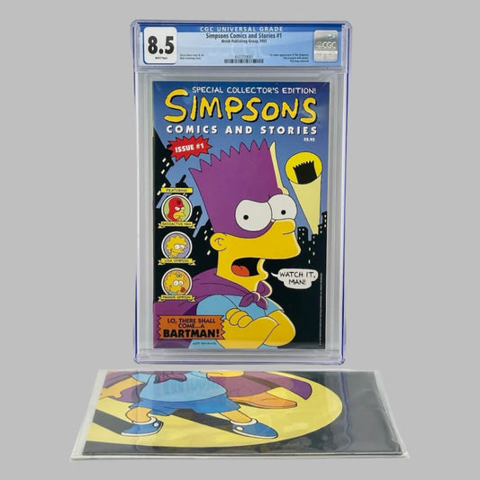 Plastic encased comic book with Bartman, Bart Simpson's hero ego, on cover. Issue #1. CGC Graded 8.5. With poster.