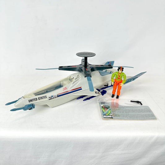 Toy helicopter with a figure and accessories on a white background