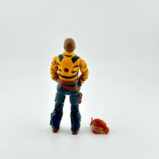 Action figure in a yellow and black striped jacket with a dog on a white background